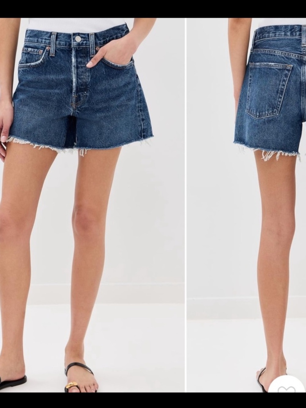 Agolde Dark Blue High-Rise Frayed Hem Denim Shorts. Parker long